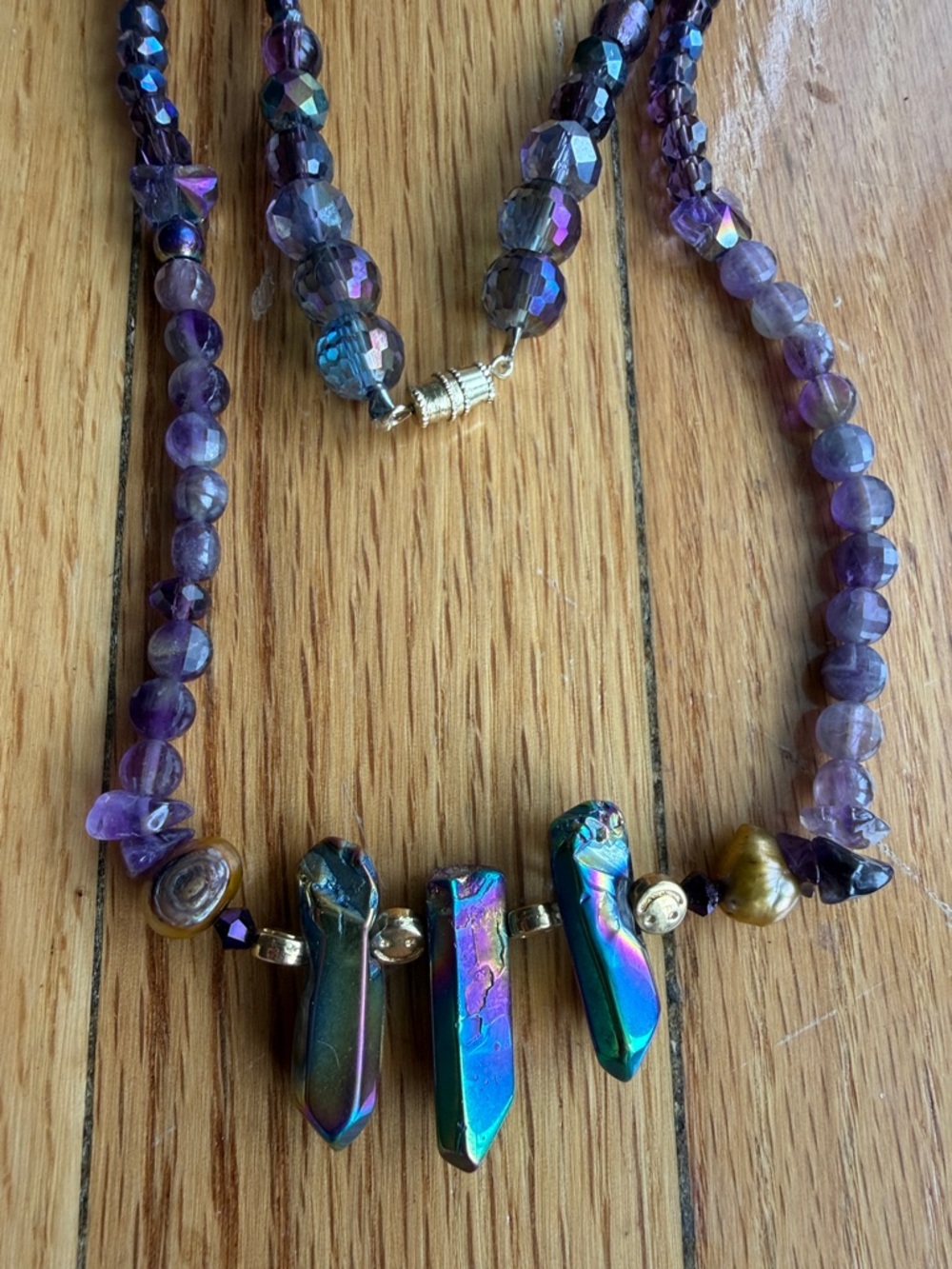 Aura crystal Necklace w/Amethyst chips ( Northern Lights smile ) OOAK